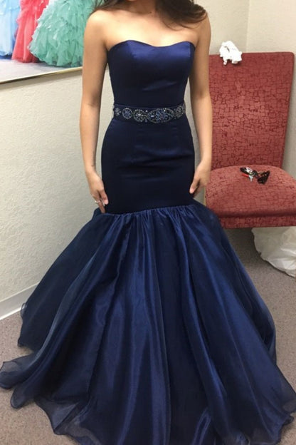 girlhomeshops-Elegant Navy Satin & Tulle Mermaid Gown for Formal Events gh5815