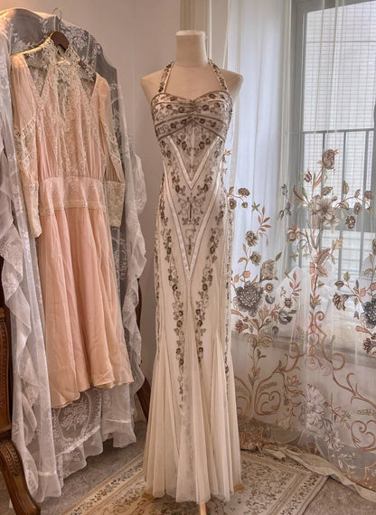 Vintage White Mermaid Halter Neck Beaded Backless Tulle Long Prom Dress Evening Dress P4163