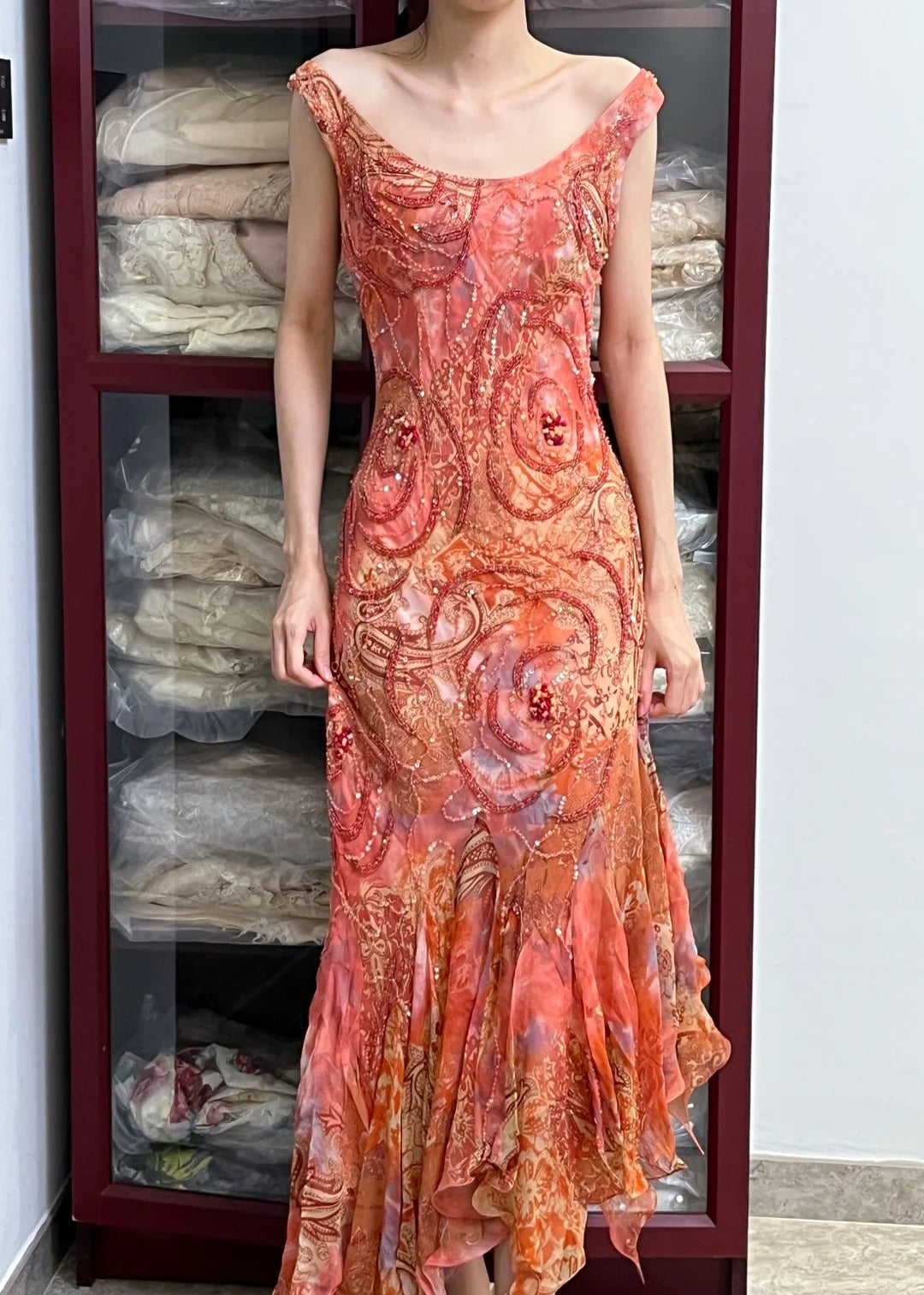 Retro Sparkling Orange-Red Mermaid Ruffled Beaded Chiffon Long Prom Dress Evening Dress P4165