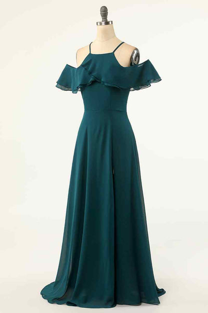 Peacock Green A-line Off-Shoulder Chiffon Crepe Long Bridesmaid Dress