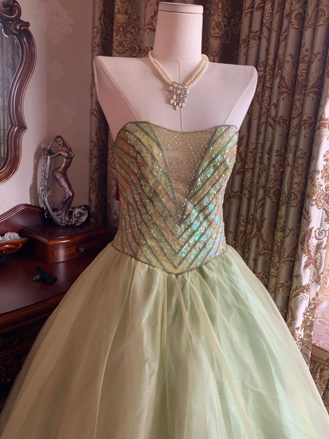 Light Green Strapless Sequin Waist-Cinched Voluminous Skirt Prom Gown, Evening Party Dress, Birthday Ball Gown gh7278