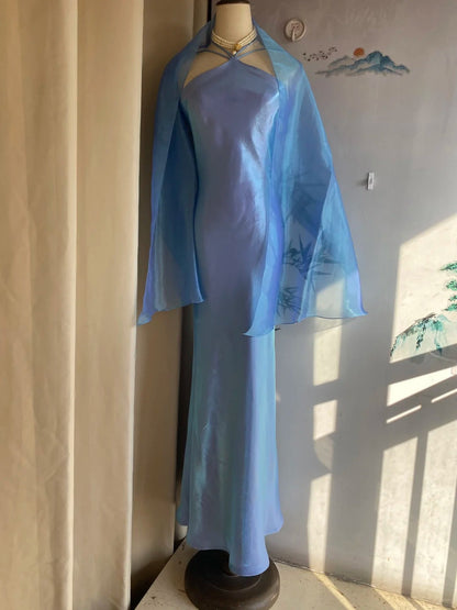 Elegant Blue Halter Neck Mermaid Satin Long Prom Dress Evening Dress P4172