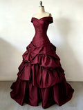 Wine Red Sweetheart Off Shoulder Tiered Prom Dress Gothic Sweet 16 Gown
