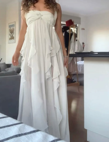 Simple Strapless White Chiffon Prom Dress Sleeveless Evening Dresses P267