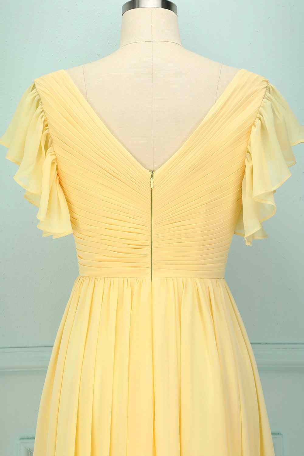Light Yellow A-line V Neck Pleated Chiffon Ruffle Long Bridesmaid Dress
