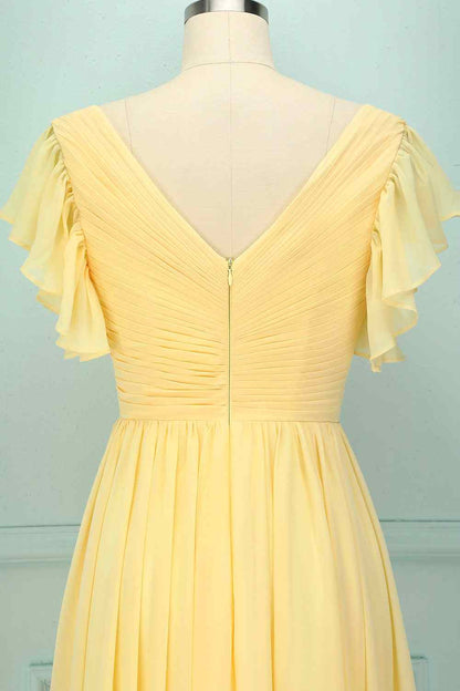Light Yellow A-line V Neck Pleated Chiffon Ruffle Long Bridesmaid Dress