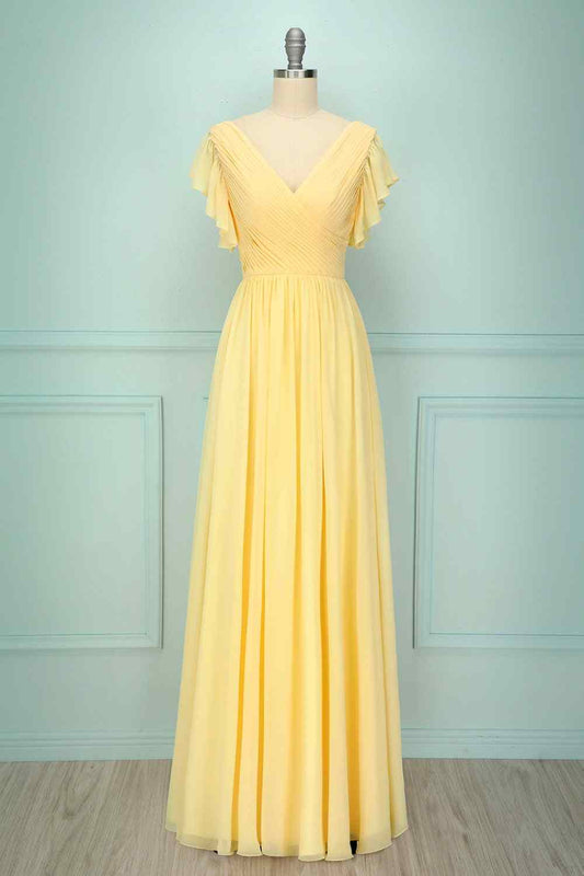 Light Yellow A-line V Neck Pleated Chiffon Ruffle Long Bridesmaid Dress