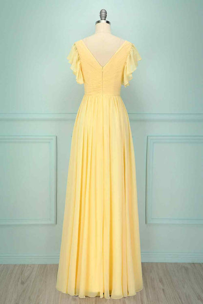 Light Yellow A-line V Neck Pleated Chiffon Ruffle Long Bridesmaid Dress