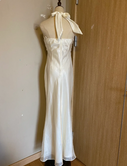 Elegant White Mermaid Halter Neck Satin Long Prom Dress Evening Dress P4185