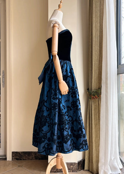 Retro Blue And Black A-line Strapless Bow Jacquard Velvet Long Prom Dress Evening Dress P4189