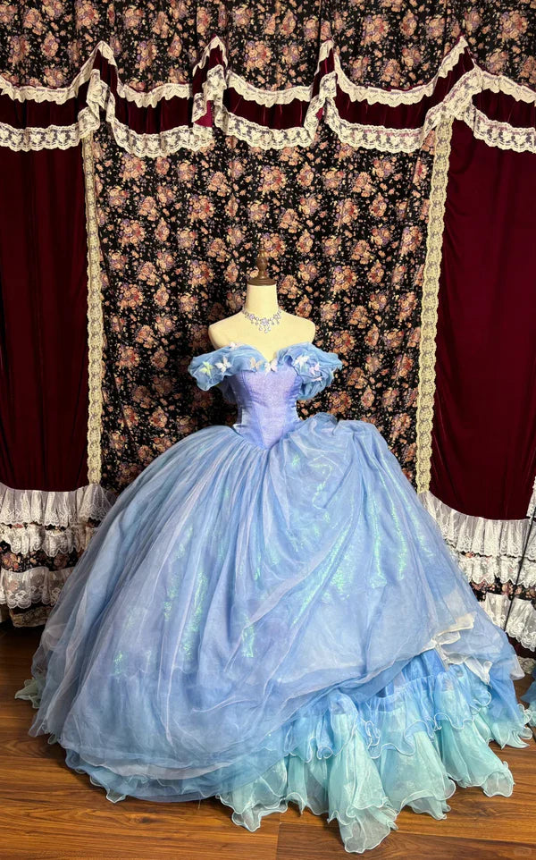 Vintage Blue Off-the-shoulder Chiffon Sweet 16 Quinceanera A-Line Princess Evening Dress Ball Gown TP4275