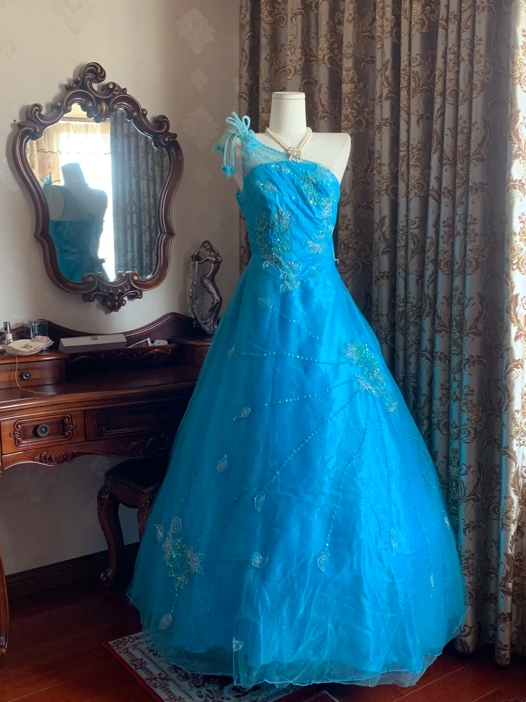 Blue One-Shoulder Waist-Cinched Vintage Voluminous Skirt Prom Dress, Princess Ball Gown gh7279