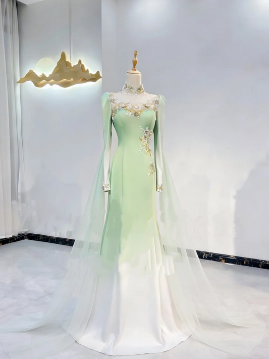 Light Green Gradient Waist-Cinched Fitted Mermaid Sexy Long Evening Dress, Fairy Gown, Romantic Gown gh7397