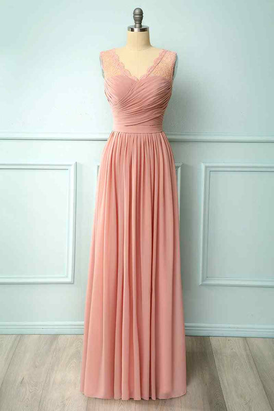 Dusty Pink A-line Illusion Lace Neck Pleated Chiffon Long Bridesmaid Dress