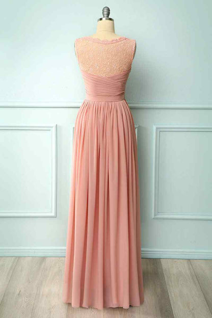 Dusty Pink A-line Illusion Lace Neck Pleated Chiffon Long Bridesmaid Dress