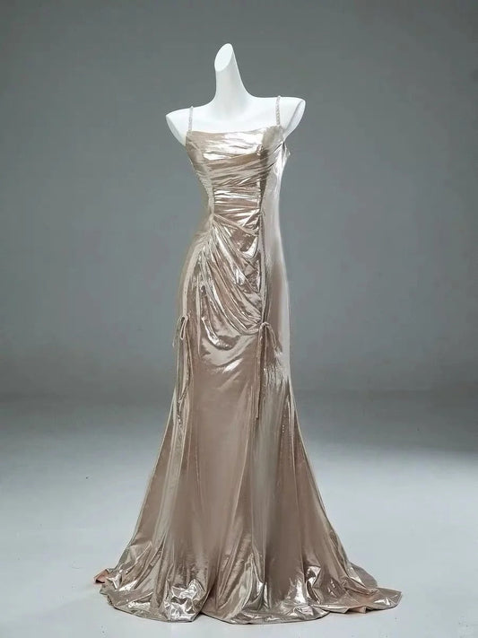 Champagne Metallic Long Satin Ball Gown Evening Dress Party Dress gh4369