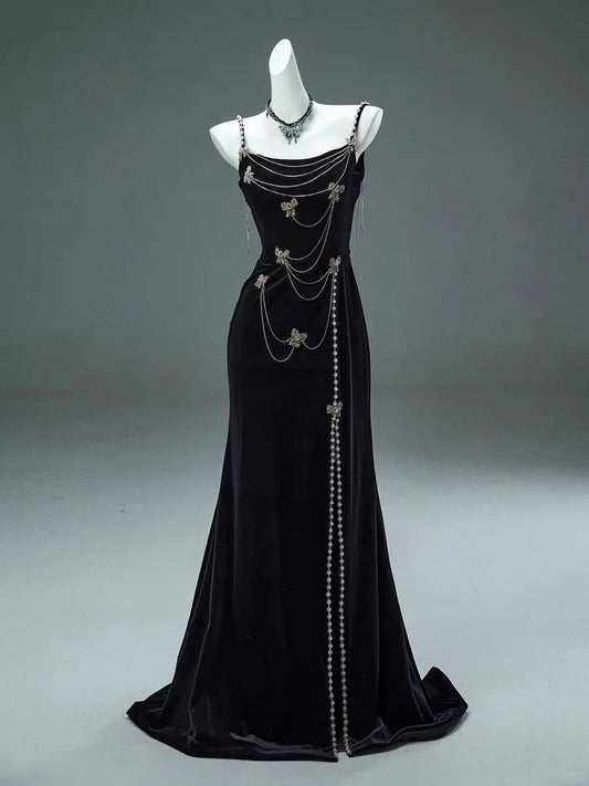 Black Beaded Elegant Long Velvet Ball Gown Evening Gown Party Dress gh4371