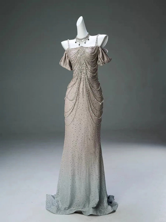 Champagne Gorgeous Shiny Gradient Beading Elegant Long Satin Ball Gown Evening Dress Party Dress gh4372