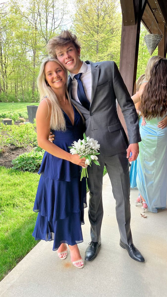 Best Navy Blue Chiffon Dress Midi Graduation Gown