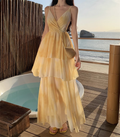 New Simple Yellow Floral Design A-Line Beach Holiday Spaghetti Strap Dress TP3031
