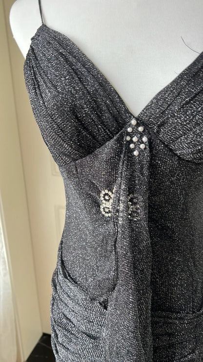 Sexy Silver-black Mermaid Ruffled Deep V Halter Shimmering Long Prom Dress Evening Dress P4197