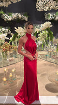 Red Halter Mermaid Wedding Guest Dresses Holiday Party Dress Open Back