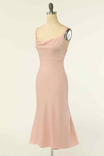 Blushing Pink Mermaid Cowl Neck Chiffon Lace-Up Back knee Length Bridesmaid Dress