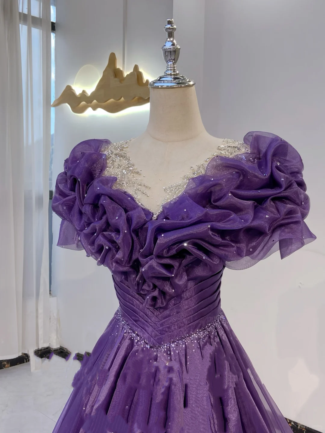 Purple Floral V-Neck Waist-Cinched Fitted A-Line Long Evening Dress, Fairy Gown, Romantic Gown gh7398