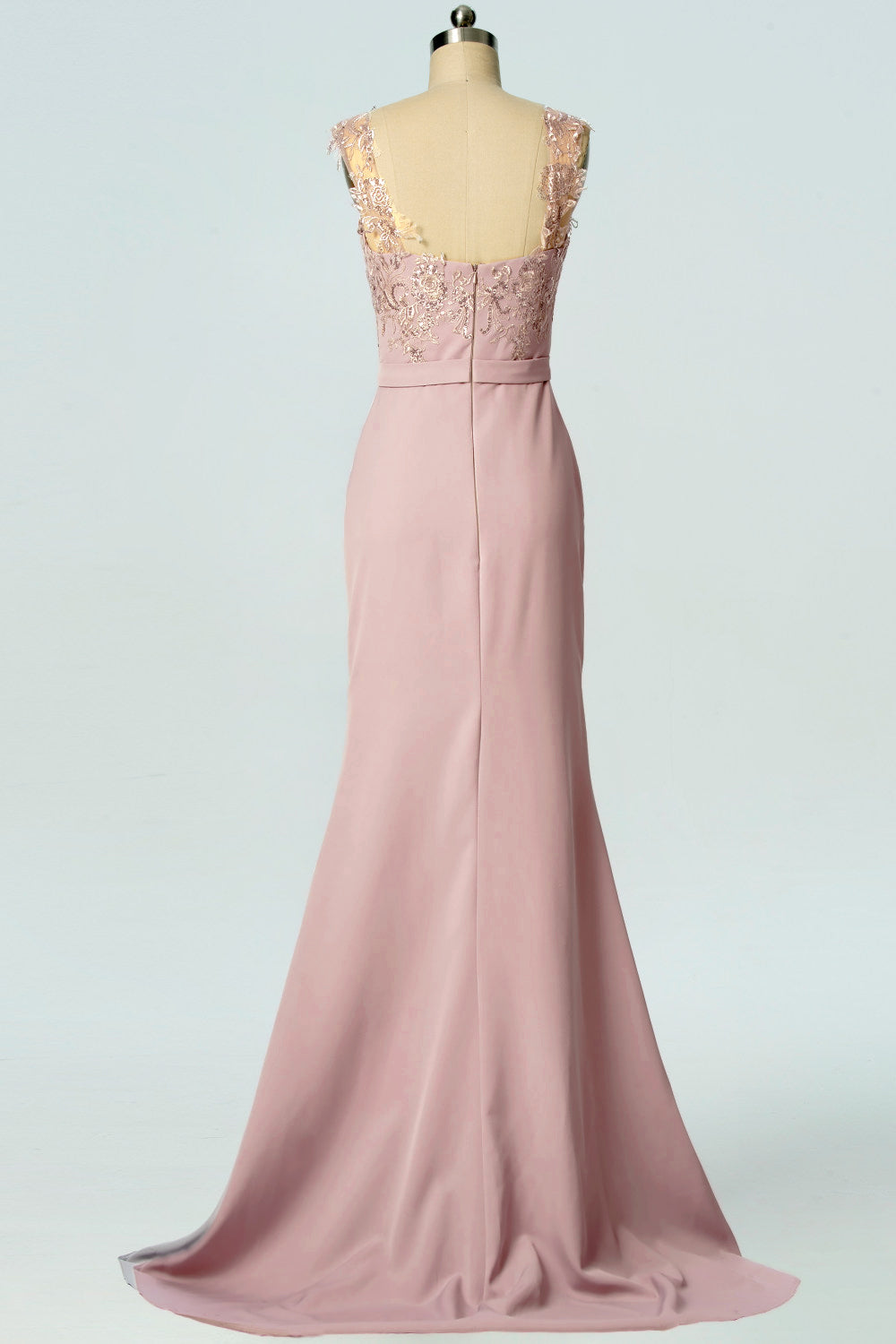 Dusty Rose Mermaid Sheer Strap Applique Crepe Long Bridesmaid Dress