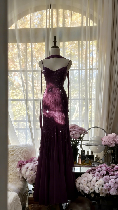 Charming Purple Chiffon Beaded Mermaid Long Prom Dress P3343