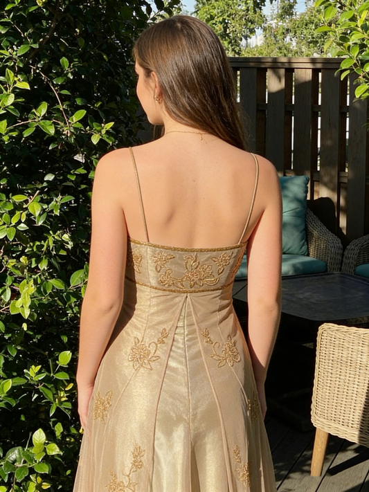 Vintage A Line Spaghetti Straps Gold Long Prom Dresses Party Evening Dress P2454