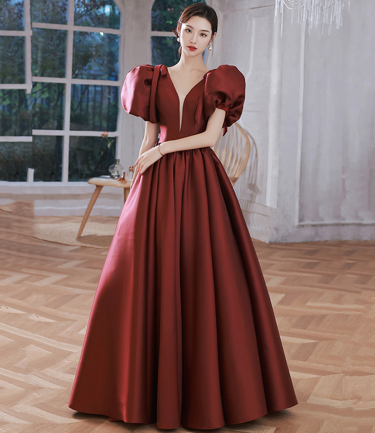 Burgundy v neck satin long prom gown A line formal gown  10212