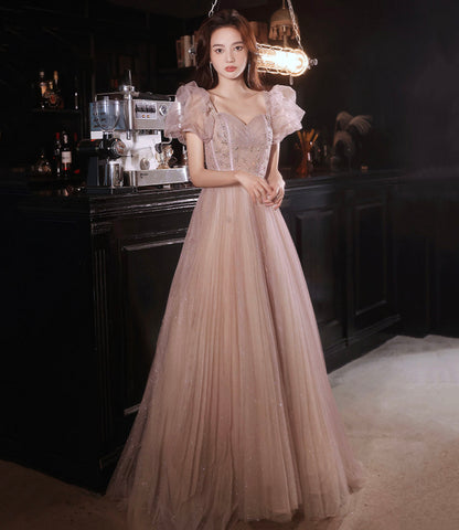 Pink tulle beads long prom dress A line evening dress  10320