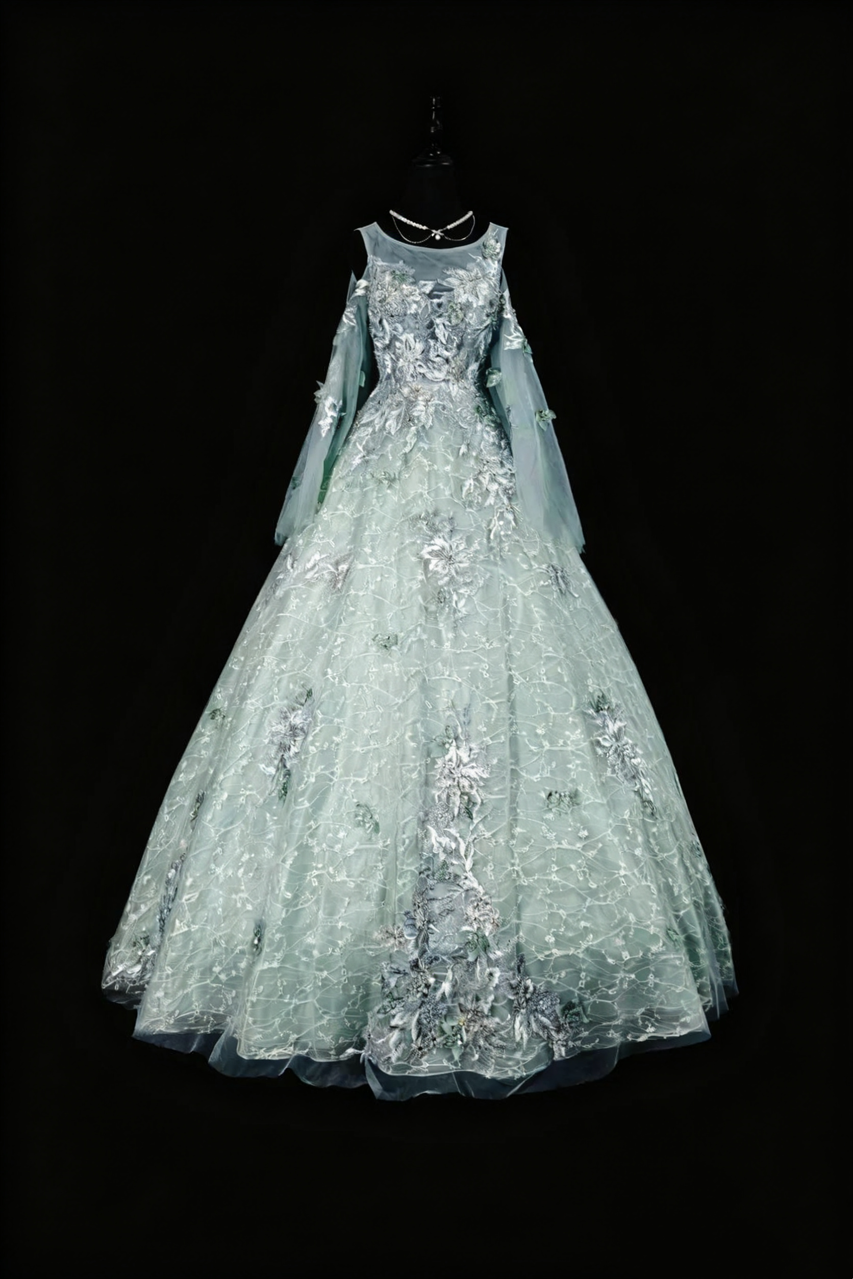 girlhomeshops-Green Appliqué Delicate Long Tulle Formal Ball Gown gh6287