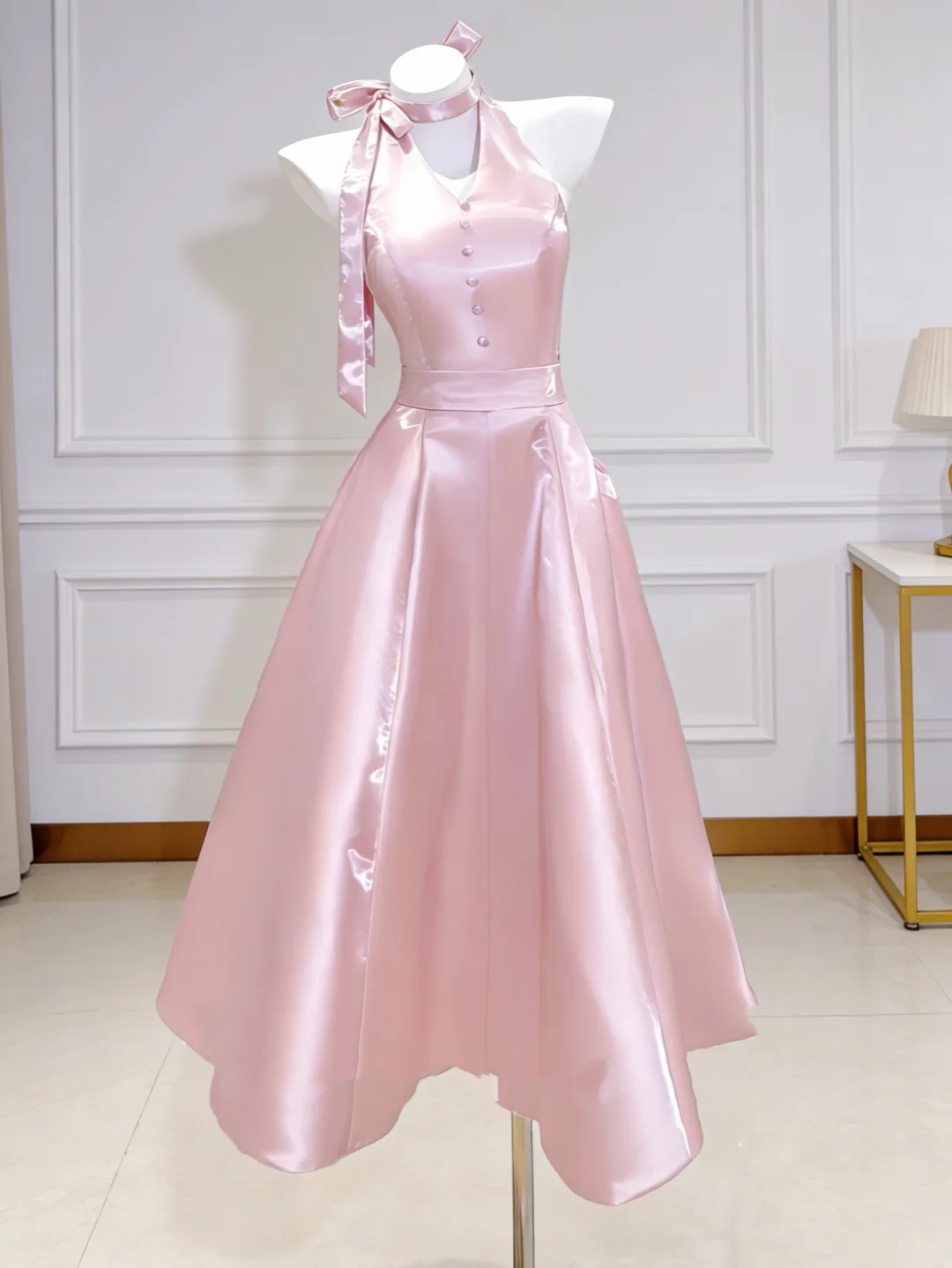 Light Color Halter Waist-Cinched Fitted Satin Elegant Evening Dress, Fairy Gown, Romantic Gown gh7380