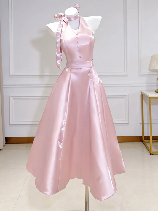 Light Color Halter Waist-Cinched Fitted Satin Elegant Evening Dress, Fairy Gown, Romantic Gown gh7380