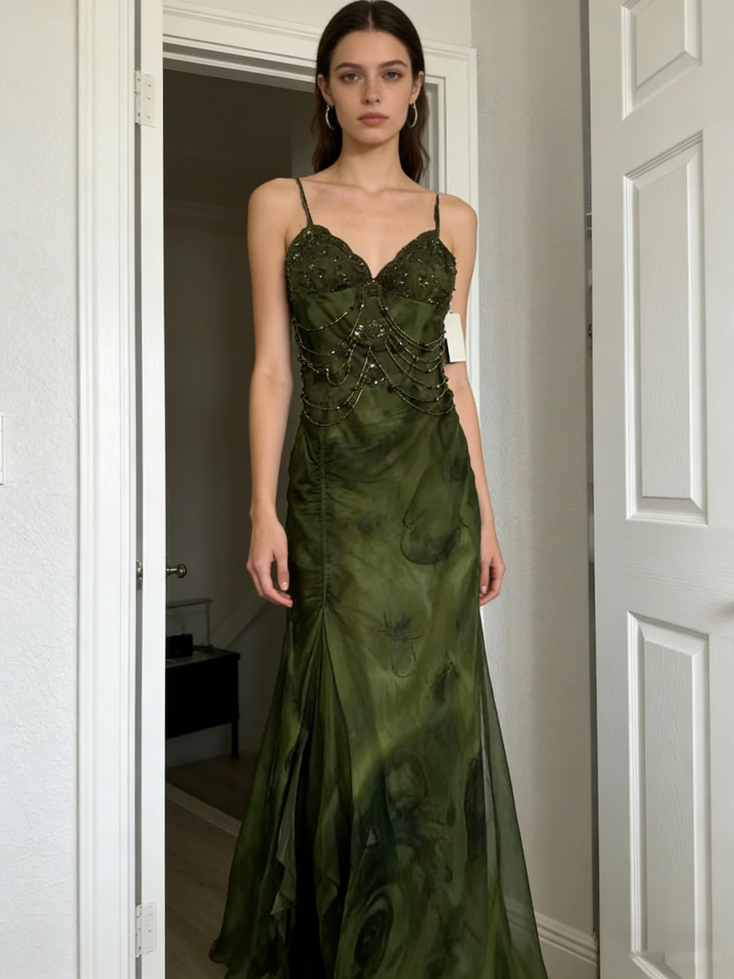 Vintage Dark Green Beaded Strap Chiffon Mermaid Slit Prom Dress P3381