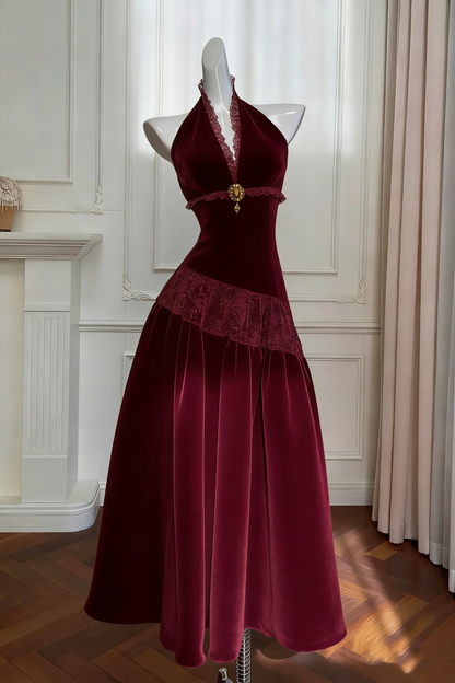 girlhomeshops-Vintage Lace Jacquard Halter Evening Dress, Long Sleeveless Elegant Party Gown gh5902