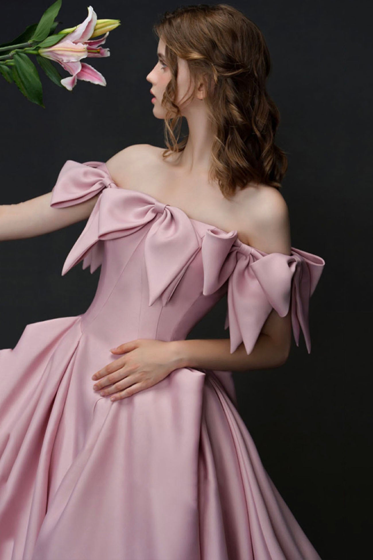 Unique Design Pink Bow Satin Long Prom Dress Princess Dress  10585