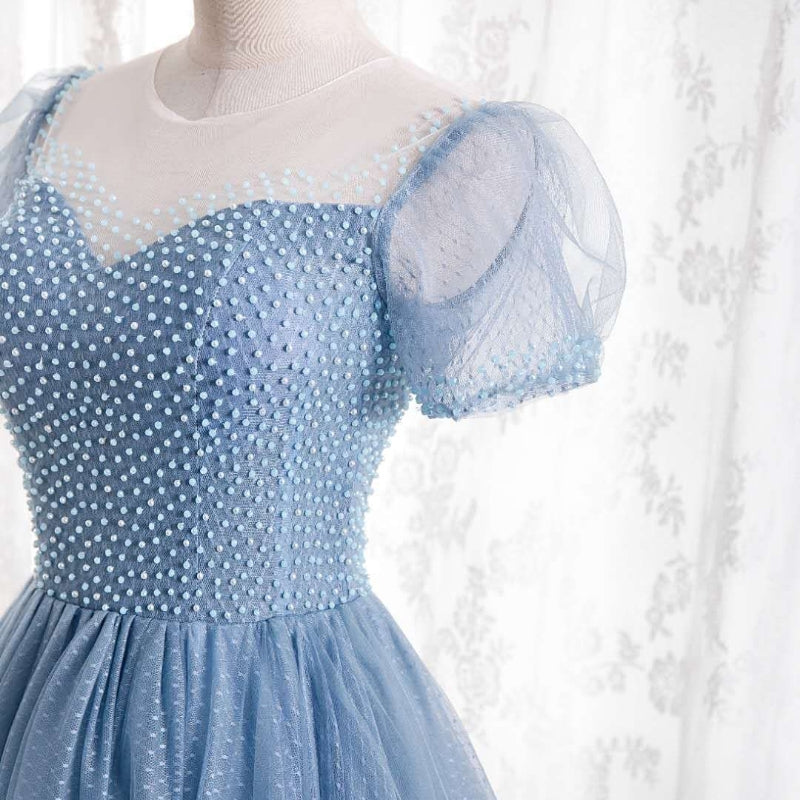 Blue tulle long A line prom dress blue evening dress  8728