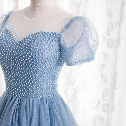 Blue tulle long A line prom dress blue evening dress  8728