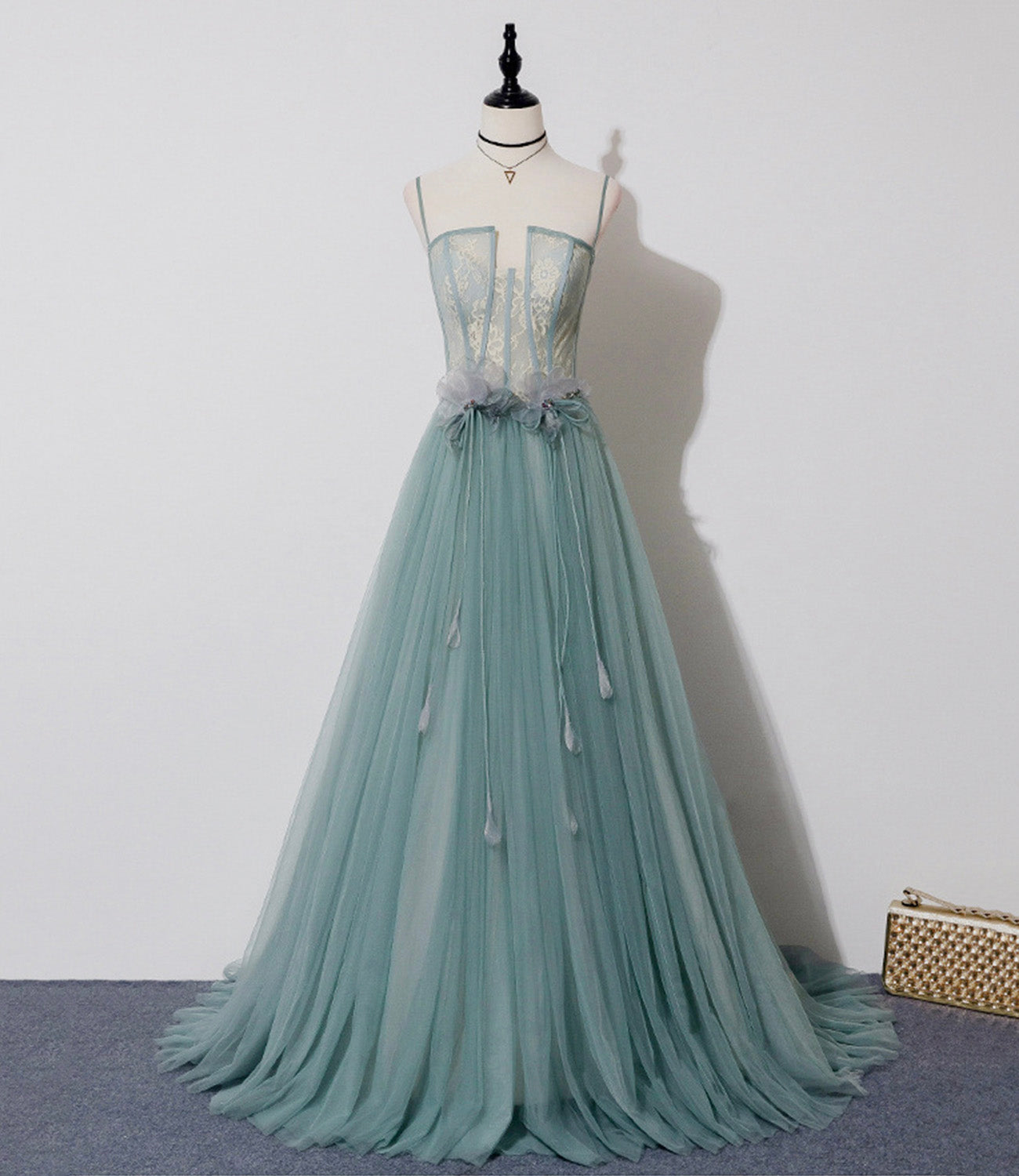 Green tulle lace long prom dress A line evening dress  10557