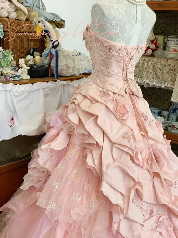 Elegant Pink 3D Flower Sweet 16 Quinceanera A-Line Floor-length Birthday Dress Ball Gown TP4421