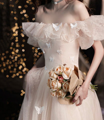 Champagne tulle long prom dress A line evening dress  10423