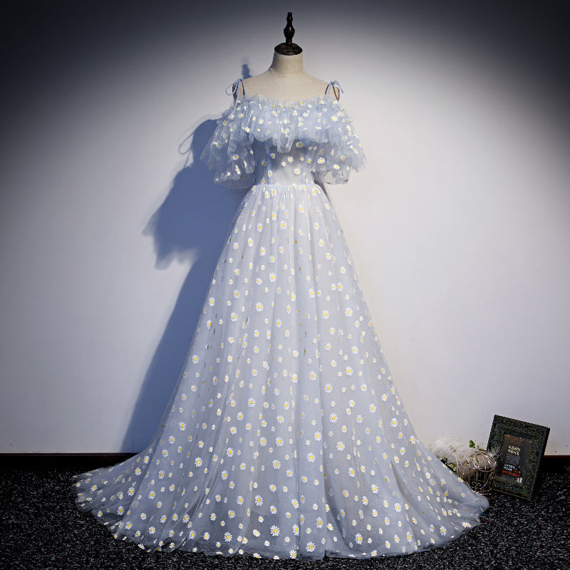 Blue tulle long A line prom dress blue evening ddress  8689