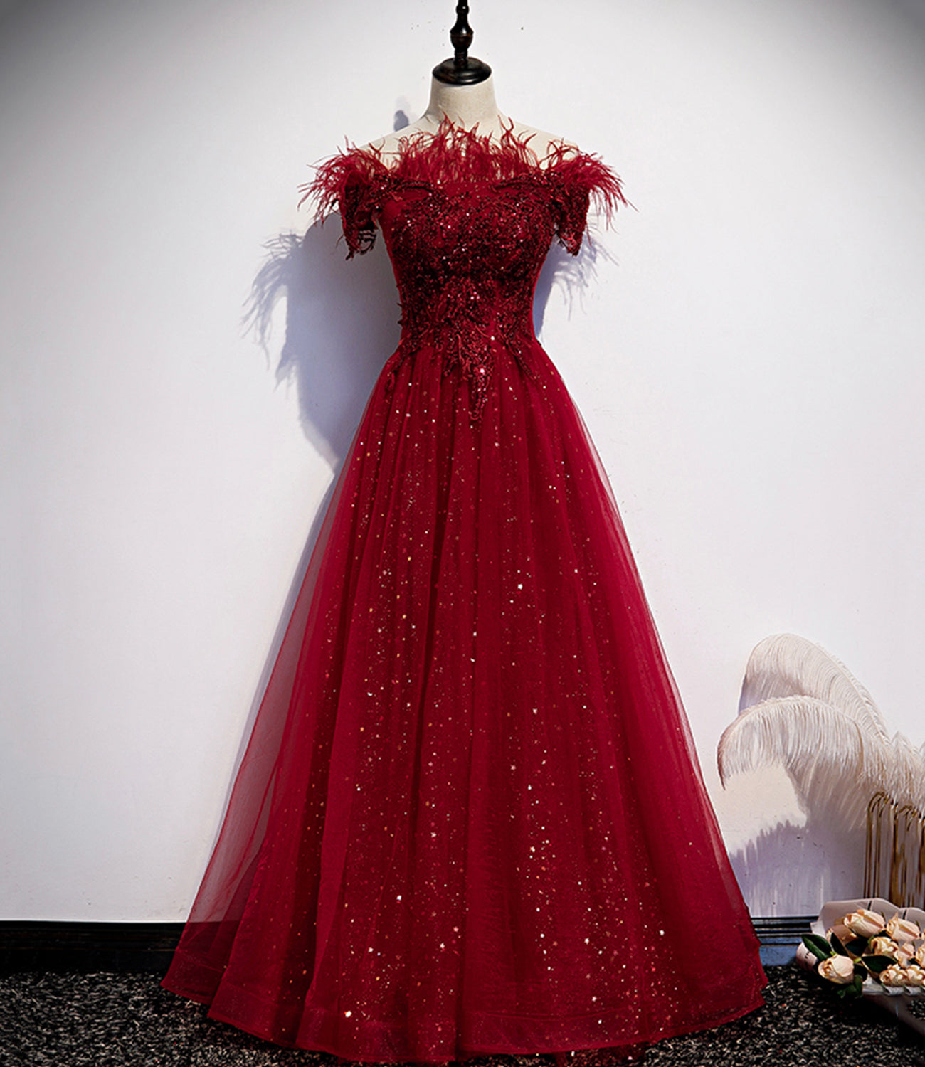 Burgundy tulle sequins long A line prom dress evening dress  8710