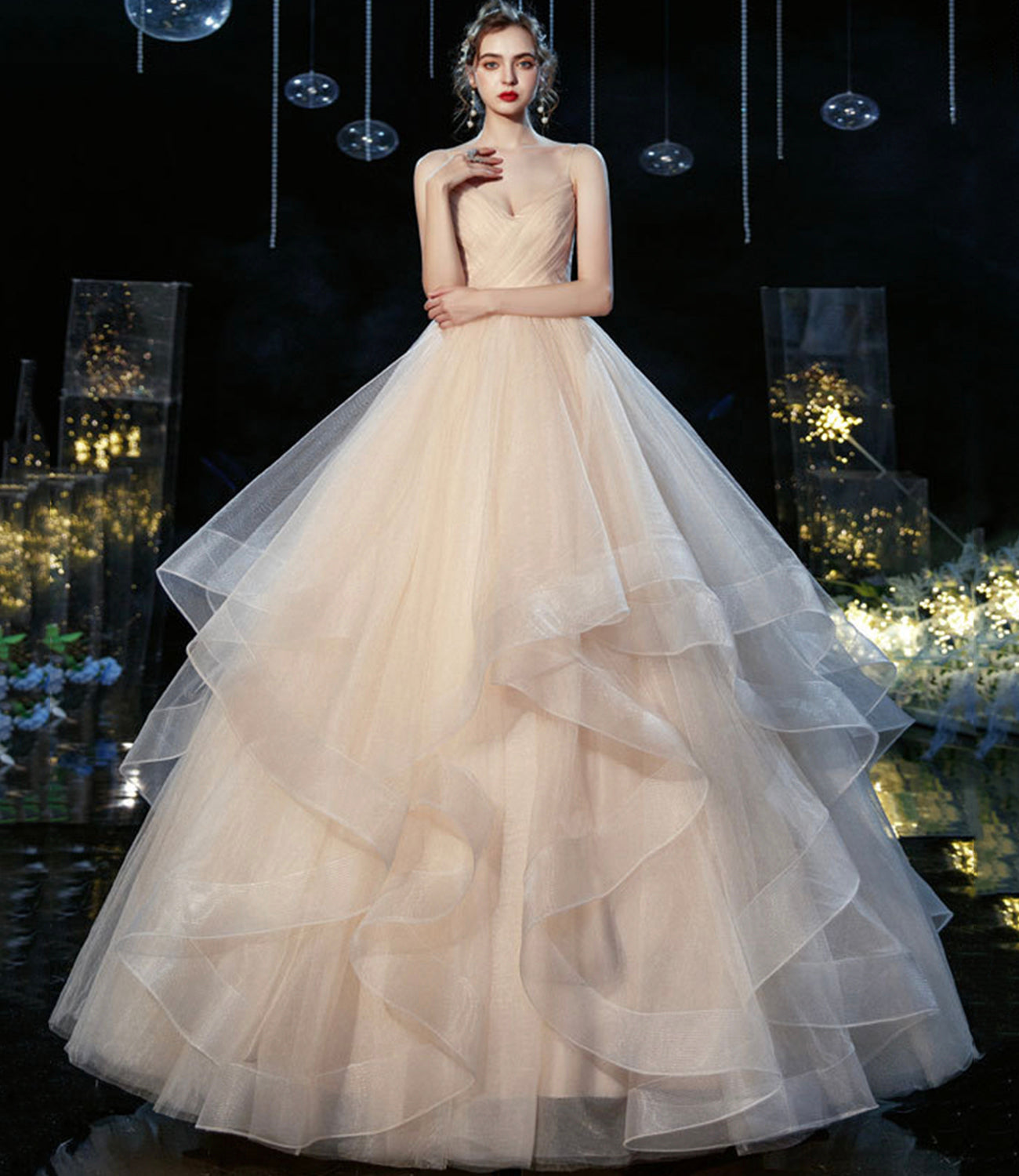 Champagne tulle long prom dress A line evening gown  10236