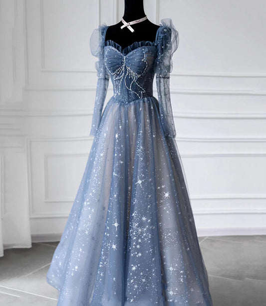 Blue tulle beads long prom dress A line evening dress  10402