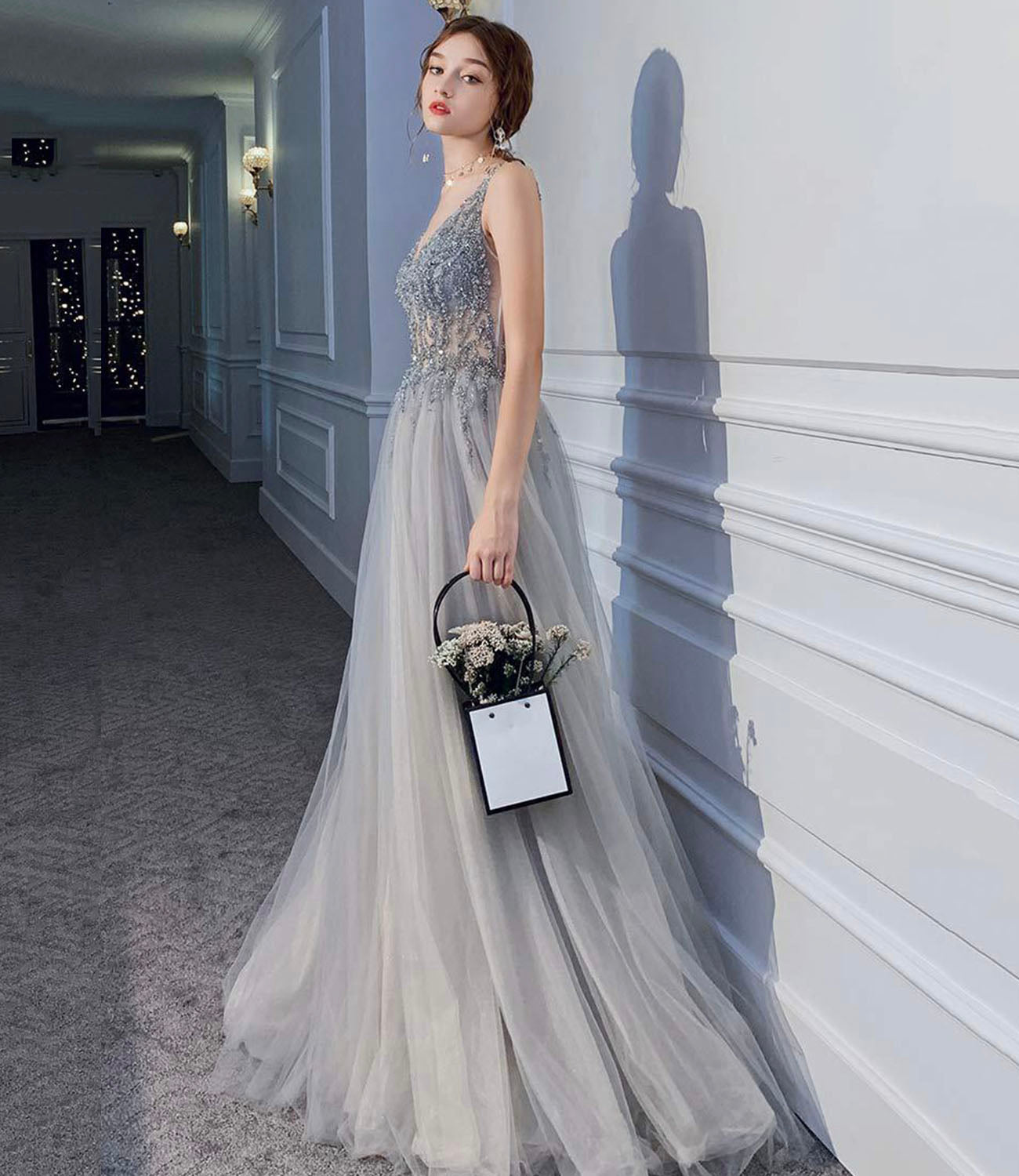 Gray tulle beads long prom dress A line evening dress  10409