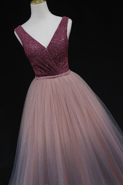 Shiny v neck tulle long prom gown formal dress  8602